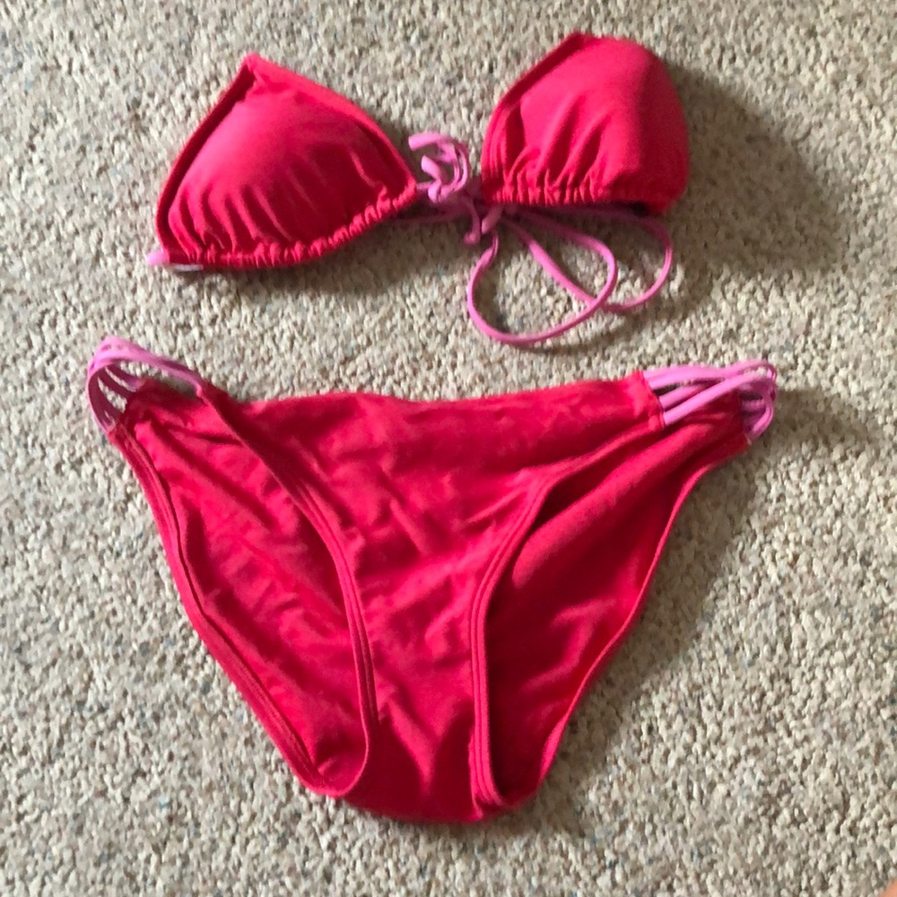 aerie pink and red string bikini